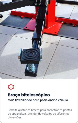 Braço bitelescópico: Braço preto do elevador esticado no chão, que muda de tamanho para se ajustar perfeitamente a diferentes tipos de veículos.