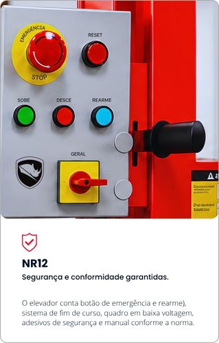 NR12: Painel de controle do elevador com um botão vermelho de emergência, comprovando que o equipamento é seguro e está dentro das normas.