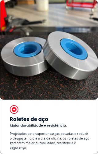 Roletes de aço: Dois roletes redondos de metal com o centro azul, desenhados para suportar cargas pesadas e garantir mais resistência e durabilidade no dia a dia.