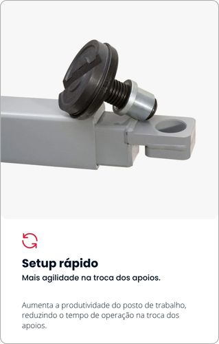 Setup rápido: Ponta do braço do elevador com um suporte redondo, mostrando como é fácil e ágil trocar os apoios.