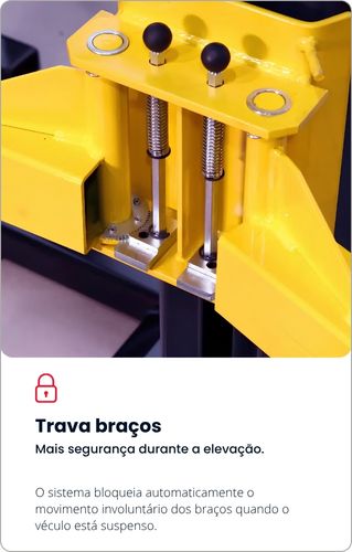 Trava braços: Detalhe da peça amarela do elevador que bloqueia os braços automaticamente para garantir mais segurança durante o uso.